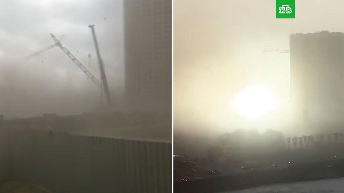    В Петербурге падение крана    из-за    шторма попало на видео