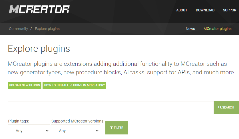 Главная страница плагинов MCreator