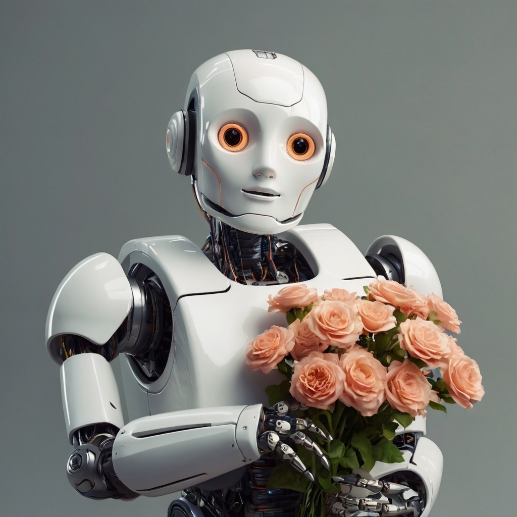 Робот-помощник с цветами глазами нейросети.