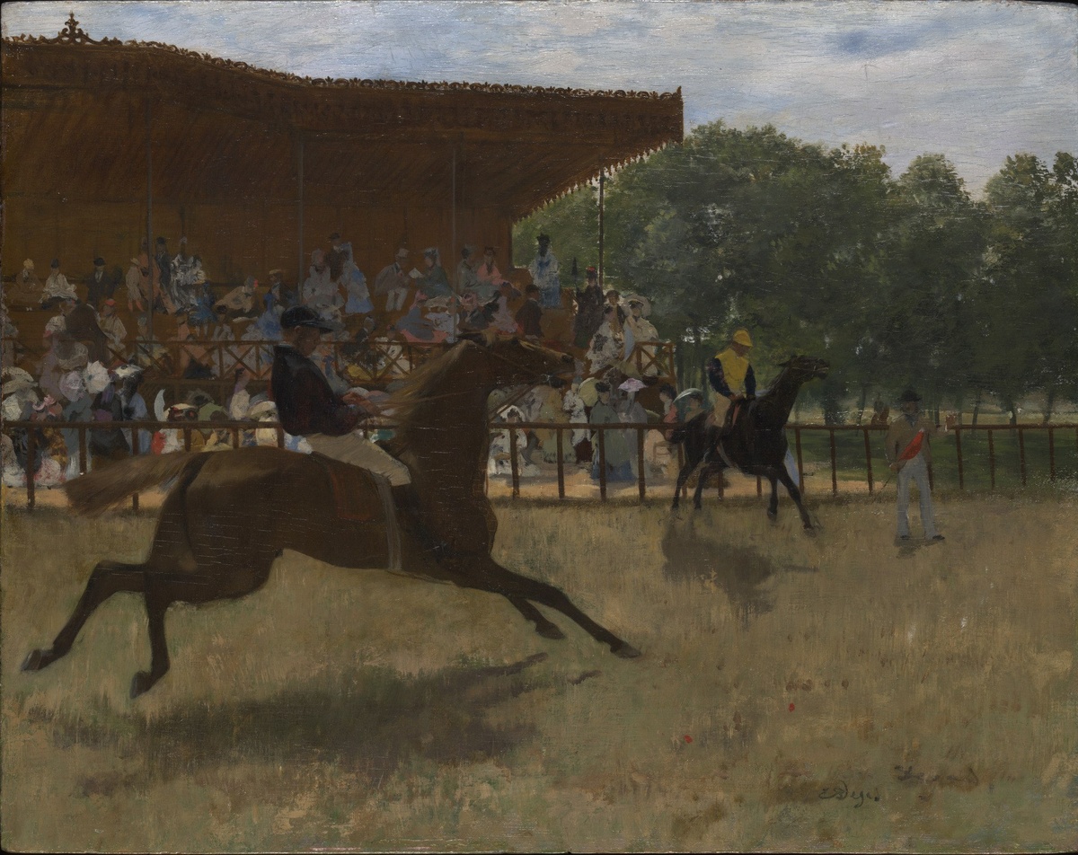 «Ложный старт»  Эдгар Дега, 1870  Художественная галерея Йельского университета, Нью-Хейвен    Дега был увлечён лошадьми. Нет, он не проигрывал состояние на скачках: он писал жокеев.