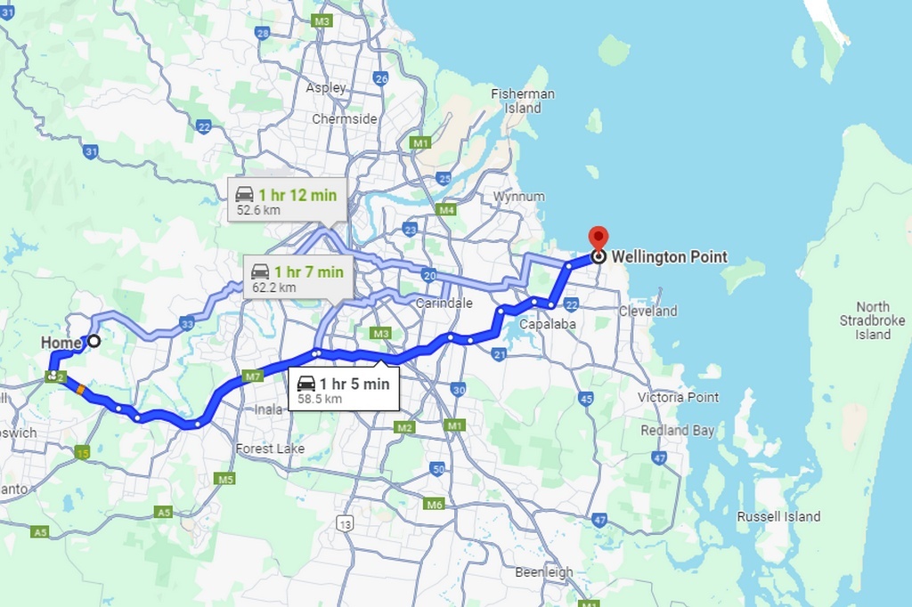 Маршрут от нашего дома до Веллингтон-Пойнт. Источник - Гугл-мэпс.