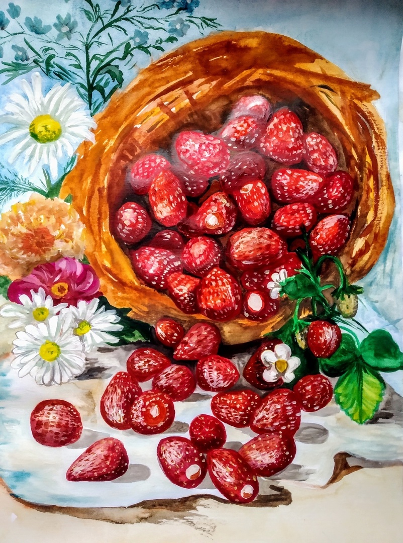 Клубничное лукошко. Акварель, 2020 г