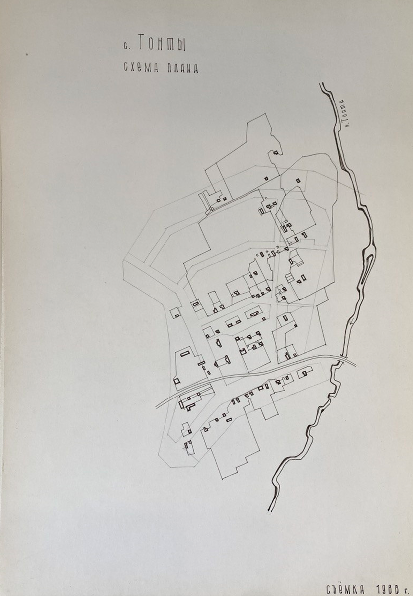 Тонта. Схема плана деревни. Съемка 1988 г. Научно-исследовательская документация «Инвентаризация памятников архитектуры Ольхонского района»