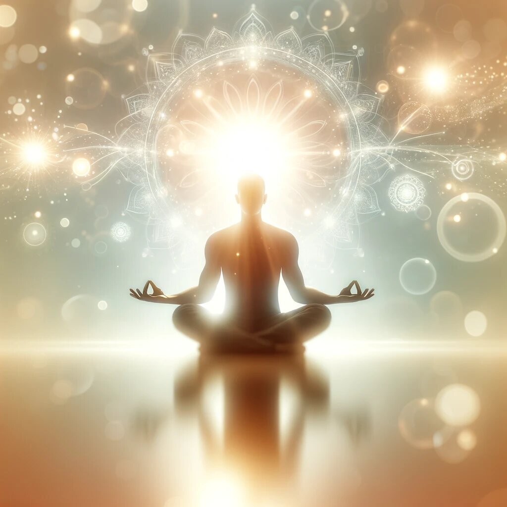 Первое изображение - Человек в медитации, окруженный светом и спокойствием, символизирующим внутренний мир и гармонию.