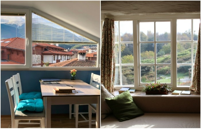 Для оформления окон на балконе можно использовать жалюзи и занавески из натуральной ткани