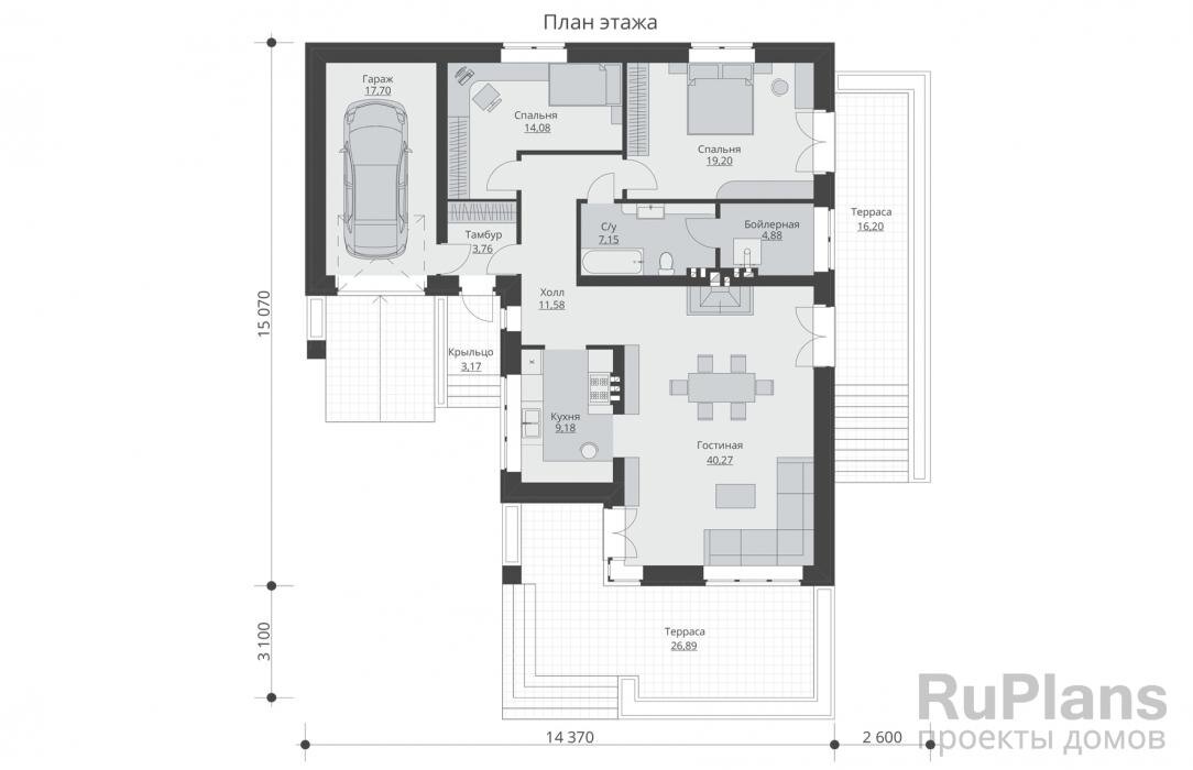 Тамбур - 3,76 м2 Холл - 11,58 м2 Кухня - 9,18 м2 Гостиная - 40,27 м2 С/у - 7,15 м2 Бойлерная - 4,88 м2 Спальня - 19,20 м2 Спальня - 14,08 м2 Гараж - 17,70 м2