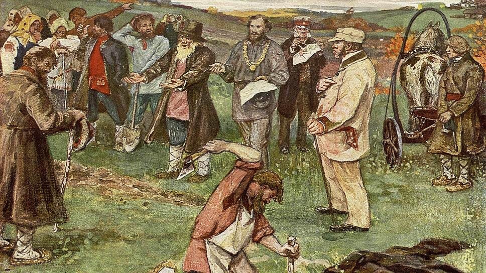 Фото: РГАКФД/Росинформ / Коммерсантъ📷Известный защитник всех слабых и угнетенных от власть имущих для разрешения конфликтов с яснополянскими крестьянами не стеснялся обращаться за помощью к властям (на картине — Лев Толстой в роли мирового посредника в годы крестьянской реформы)