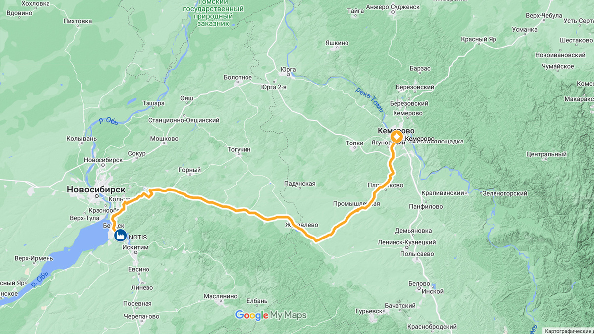 Расстояние от Нотиса до Кемеровского производителя снеков - 300 км