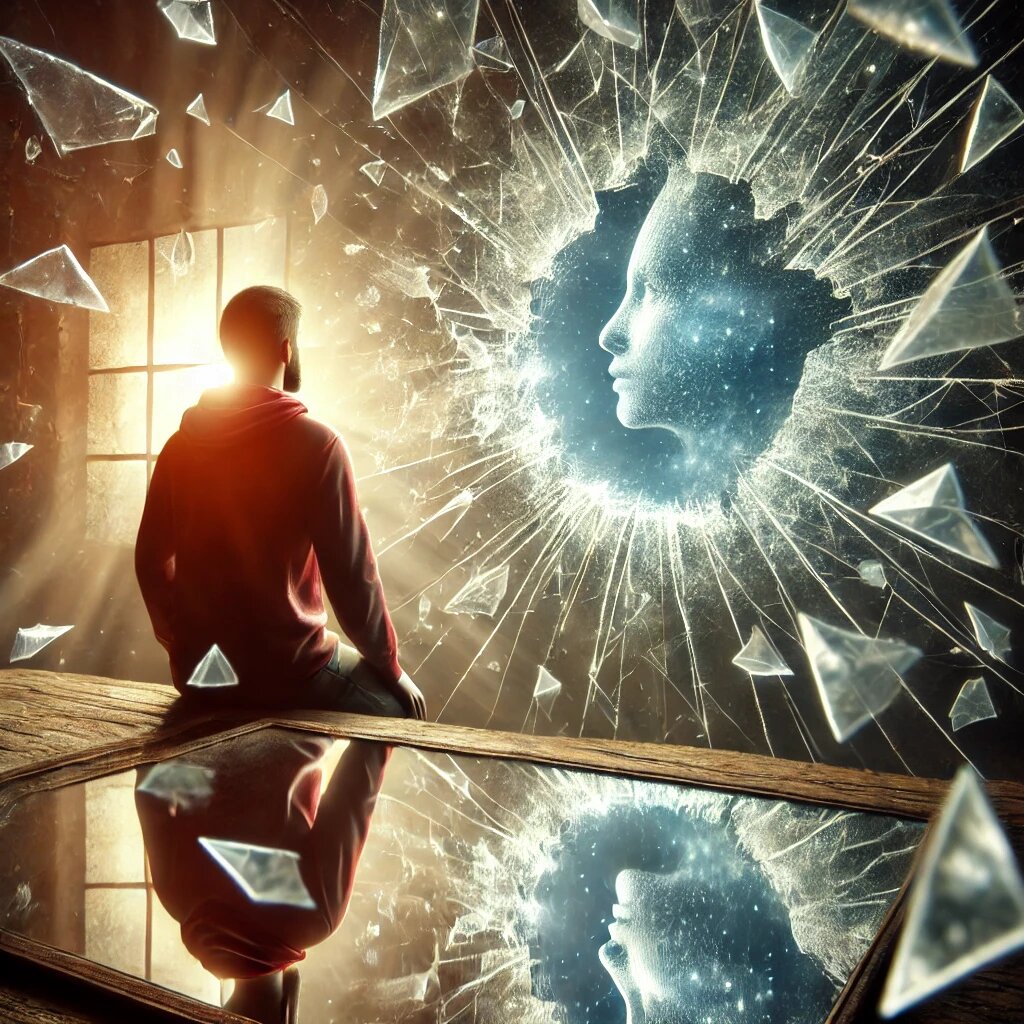 Вторая Сцена, где человек смотрится в разбитое зеркало, символизирующая разрушение иллюзий и осознание истинной природы