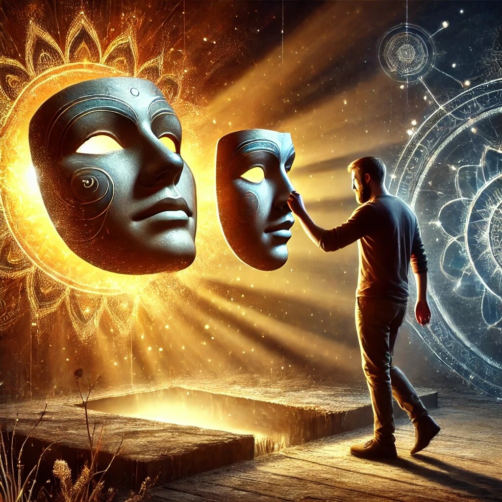 Вторая Сцена, где человек снимает маску, символизирующая освобождение от ложного эго и осознание истинной природы.