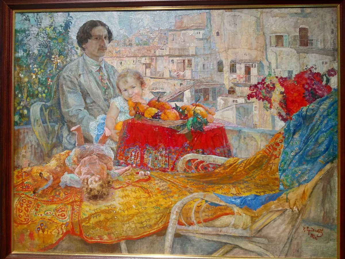 Исаак Бродский «Автопортрет с дочерью» на выставке «Точки зрения» в Музее русского импрессионизма в Москве 11.07.2022. © Фотограф Семененко А. А. Ссылка обязательна.