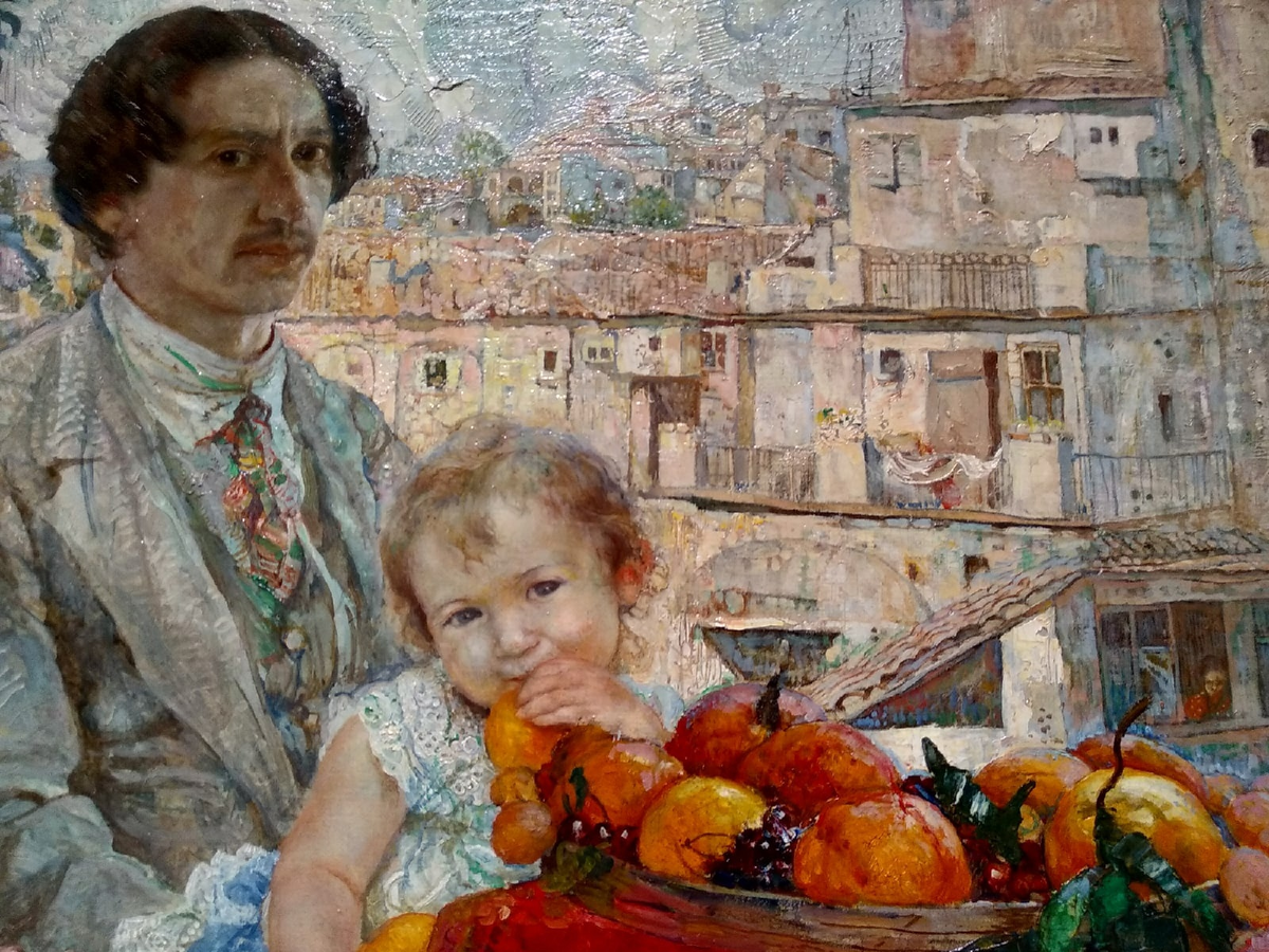 Исаак Бродский «Автопортрет с дочерью» на выставке «Точки зрения» в Музее русского импрессионизма в Москве 11.07.2022. © Фотограф Семененко А. А. Ссылка обязательна.