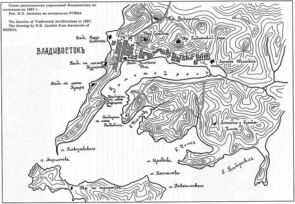 Схема расположения укреплений Владивостока по состоянию на 1887 г. Рисунок Н.Б. Аюшина по материалам РГВИА. Источник: Аюшин Н.Б. Владивостокская крепость. Владивосток, 2006. С. 19.