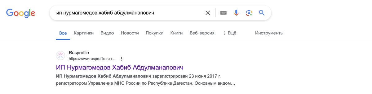 вот так за 10 секунд мы нашли информацию об ИП Хабиба