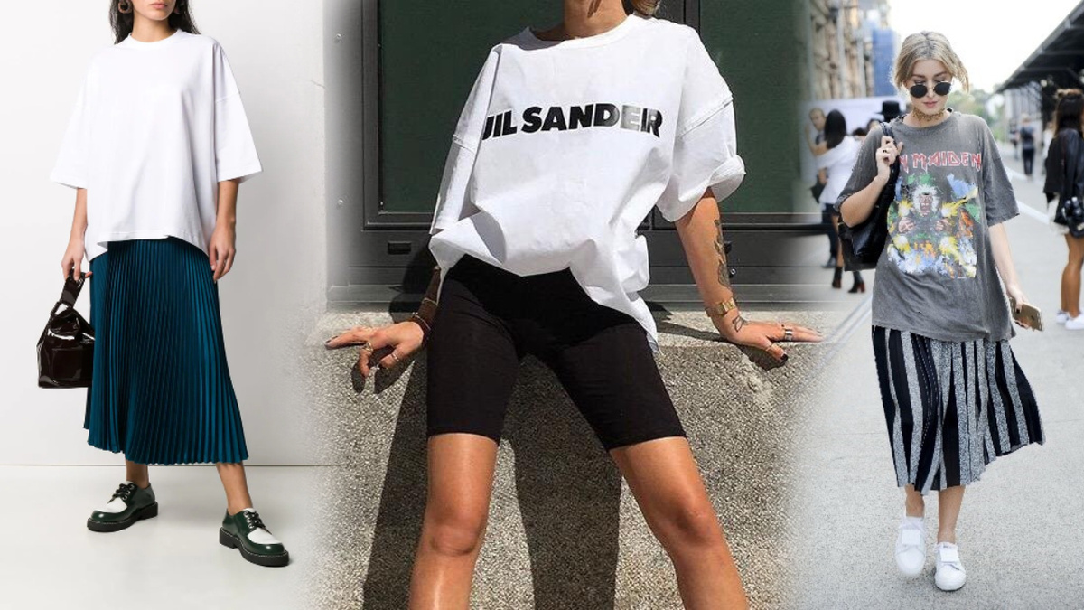 На фото примеры, как можно сочетать такую футболку в образе.