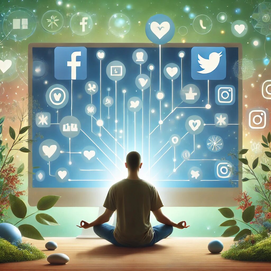 Вторая Сцена, где человек медитирует перед экраном с иконками соцсетей, символизирующая поиск внутреннего баланса и осознанности.