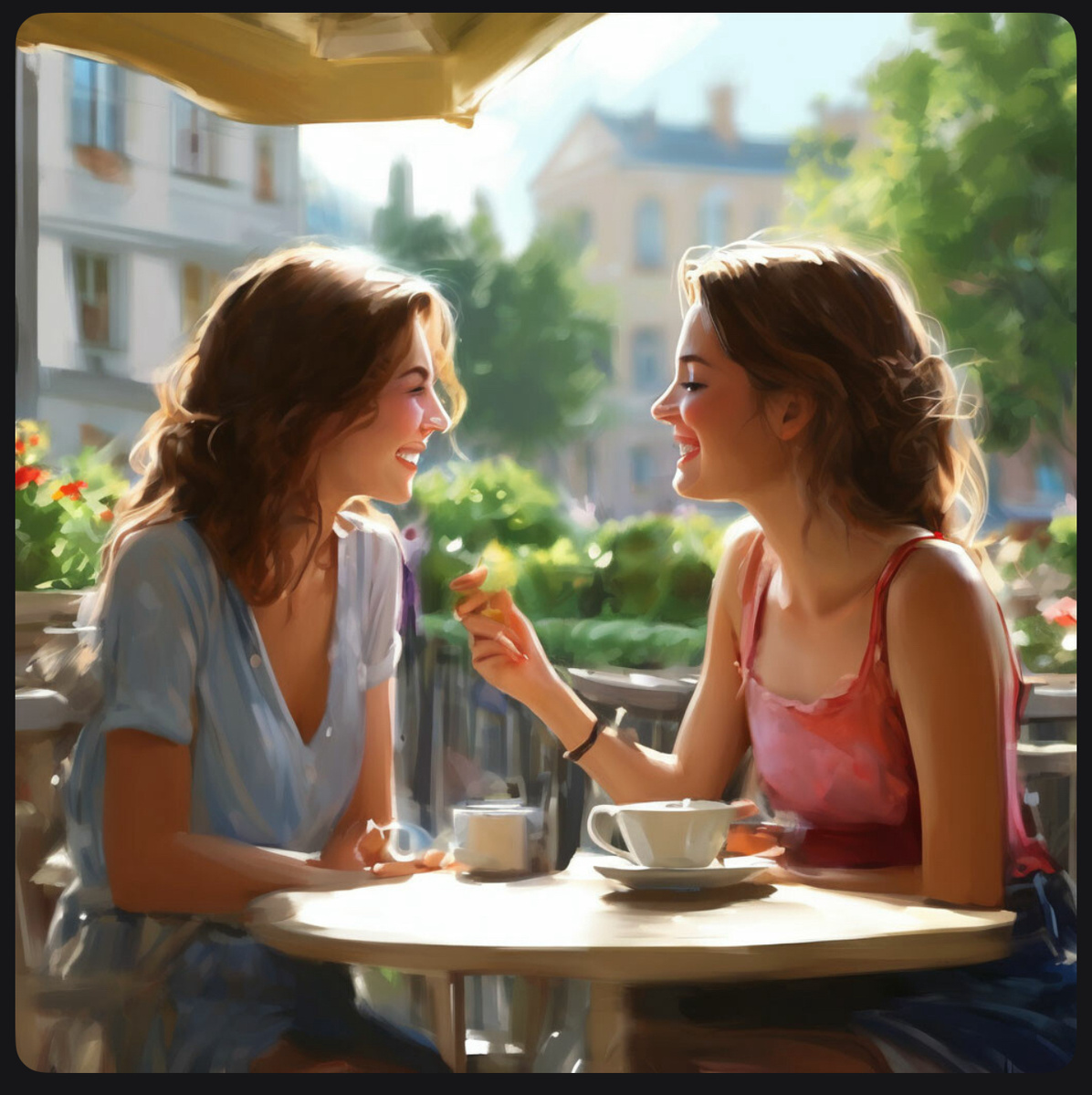 Две подруги в кафе за столом весело общаются