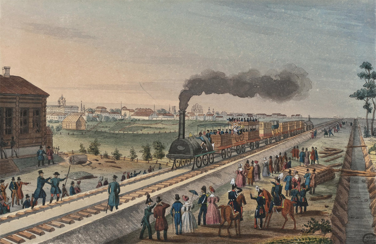 Wikipedia📷Прибытие поезда на станцию Царскосельской железной дороги, 1837г.