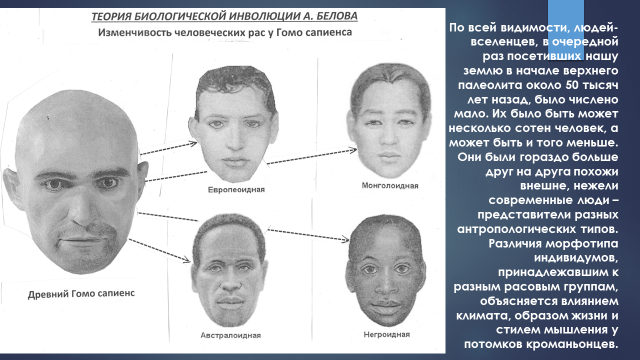 По всей видимости, людей-вселенцев, в очередной раз посетивших нашу землю в начале верхнего палеолита около 50 тысяч лет назад, было числено мало. Их было быть может несколько сотен человек, а может быть и того меньше. Они были гораздо больше друг на друга похожи внешне, нежели современные люди – представители разных антропологических типов. Различия морфотипа индивидов, принадлежавшим к разным расовым группам, объясняется влиянием климата, образом жизни и стилем мышления у потомков кроманьонцев.