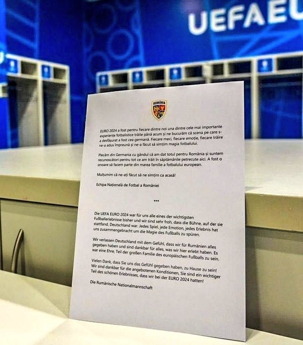    Футболисты сборной Румынии оставили письмо с благодарностями организаторам Евро-2024. Соцсети