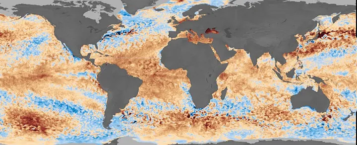 Аномалии температуры поверхности моря на 9 апреля 2024 года (Научно-визуализационная студия NASA) 