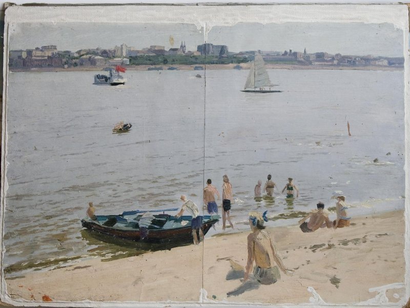 В. З. Пурыгин. Пляж за Волгой. Вторая половина 1950-х. Самарский областной художественный музей. Источник: https://goskatalog.ru/portal/#/collections?id=47441605