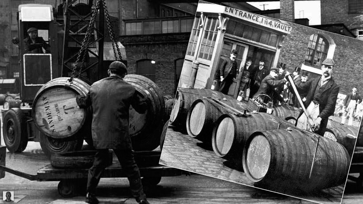 Разгрузка бочек в лондонском доке