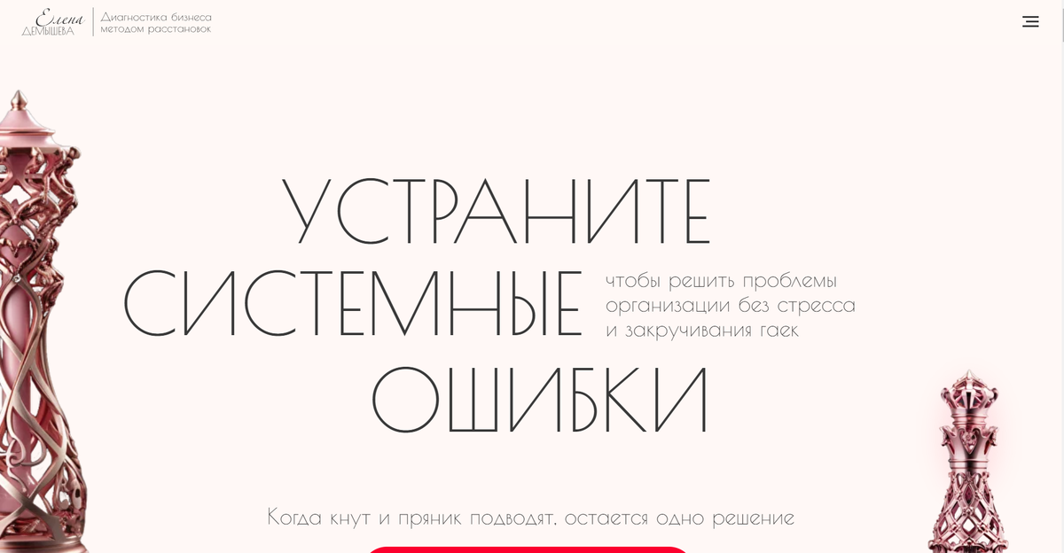 Например, так мы оформили сайт по решению проблем бизнеса. Цвета сайта и элементы помогают посетителю почувствовать уверенность в эксперте — то, что нужно для аудитории.  