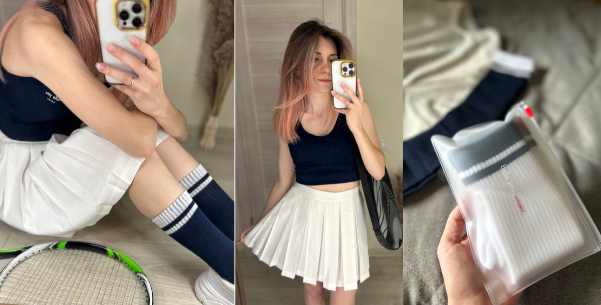 теннисная юбка. У меня бела, но есть и синяя. Она сразу со спортивными шорниками, что удобно и не страшно прыгать, бегать и падаты