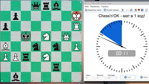 Под спокойную музыку делаем шахматный мат в один ход черному бедолаге-королю. У вас минута - край, но надо успеть за секунд 5. Поехали!