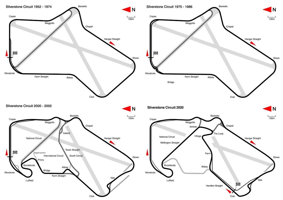 Сильверстоун в различных версиях: слева сверху 1952-1974 годы, справа сверху - 1975-1986, слева внизу - 1997-2009, справа внизу - с 2010-го года.