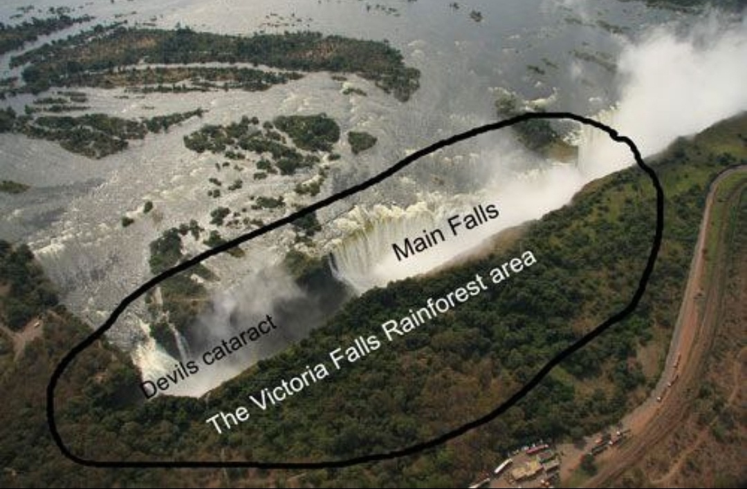 На карте вида водопада Виктория сверху отмечена зона тропического леса 