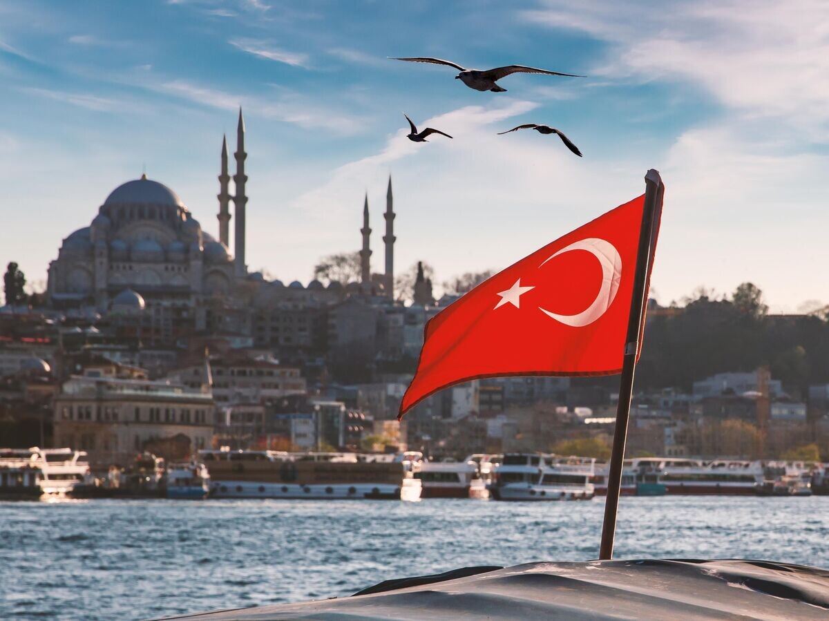    Турецкий флаг на фоне мечетей и минаретов Босфора в Стамбуле© iStock.com / 9parusnikov
