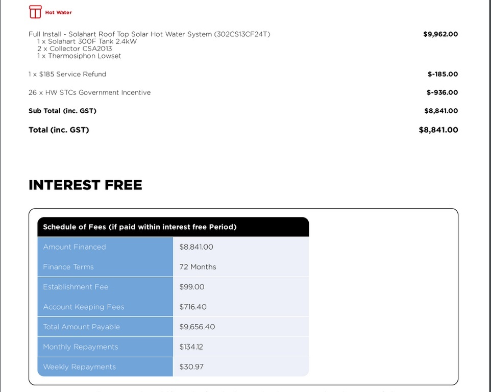 Счёт, выставленный компанией Солахарт за солнечную систему горячей воды. (Стоимость системы с установкой, минус уже оплаченный первый визит электрика, минус некоторая сумма от правительства, поощряющая нас за то, что мы используем энергию солнца. Итого к оплате: 8841 австралийских долларов. Ниже - схема оплаты в рассрочку на 72 месяца.)