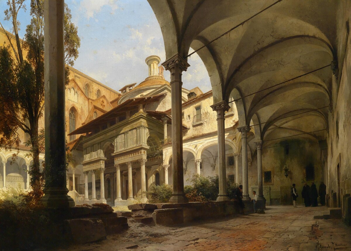 «Капелла Пацци в церкви Санта-Кроче во Флоренции» Карла Греба (1858 г.) / Источник: Wikimedia Commons (Dorotheum, Public domain) https://commons.wikimedia.org/wiki/File:Carl_Georg_Anton_Graeb_Hof_mit_Capella_Pazzi.jpg