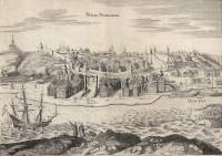 Корабль «Фредерик» у Нижнего Новгорода в 1636 году. Гравюра из книги Адама Олеария «Подробное описание путешествия в Московию и Персию». Шлезвиг, 1656 год