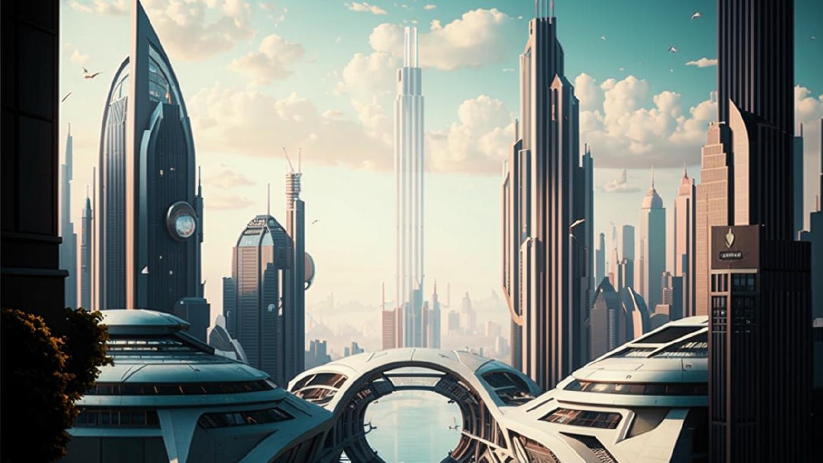 Город будущего: фантазия российской нейросети. Источник: Kandinsky by Sber AI