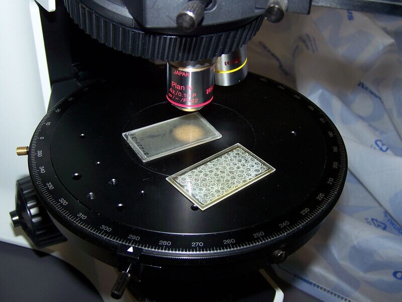 Шлиф под петрографическим микроскопом. Обратите внимание, что его столик может вращаться на 360°. Фотография взята из открытых источников