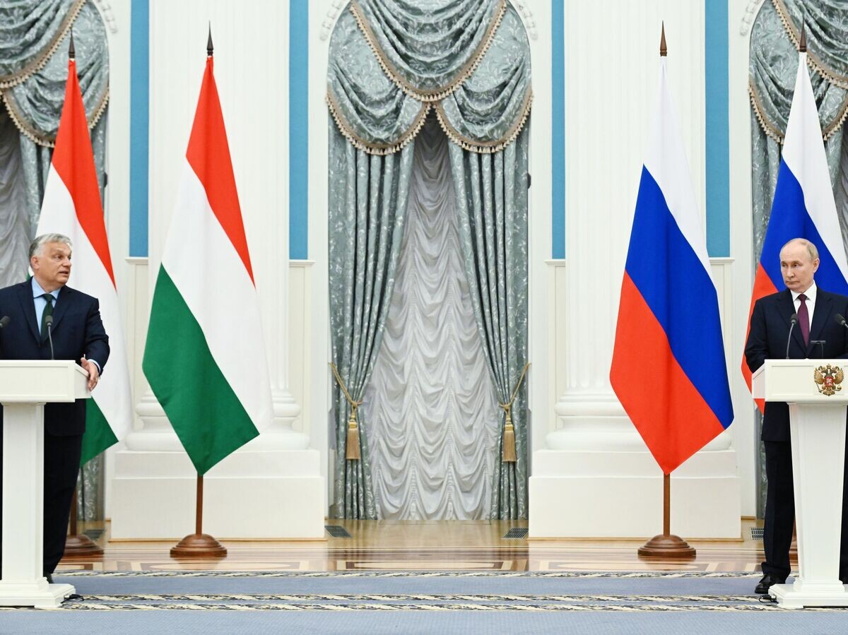    Президент РФ Владимир Путин и премьер-министр Венгрии Виктор Орбан на пресс-конференции после встречи в Москве© РИА Новости / Алексей Майшев