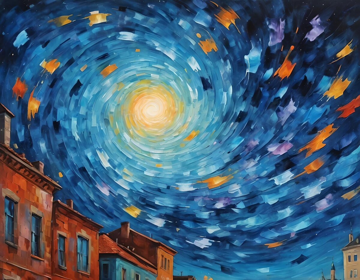 Ночь головокружения. Иллюстрация создана с помощью нейросетей StableDiffusion и Dreamshaper XL Lightning и программы Photoshop.

