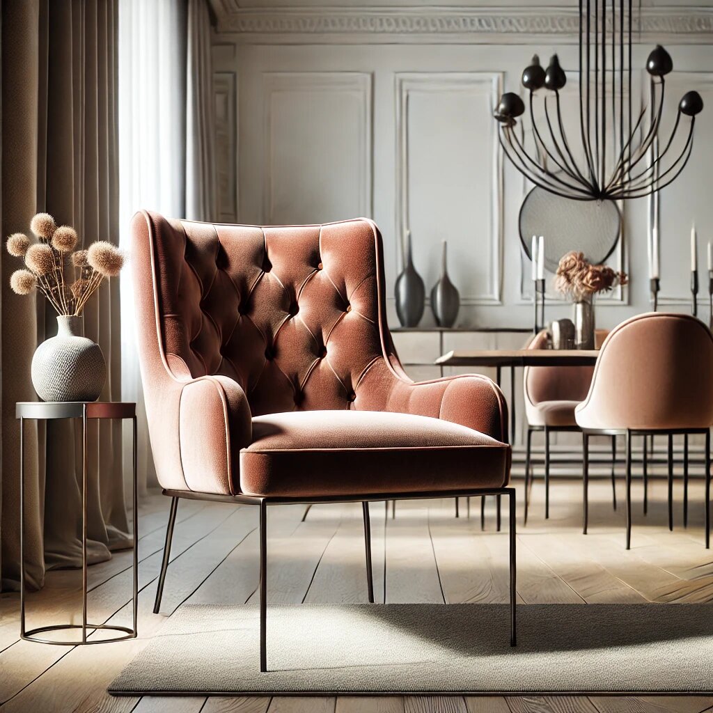 Элегантный велюровый стул с металлическими ножками для современного интерьера, обеспечивающий комфорт и стиль. Идеальный выбор для гостиной или столовой.