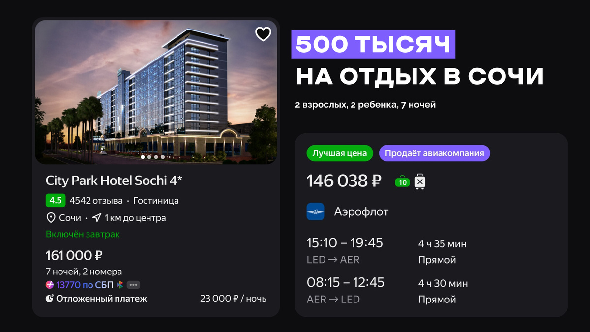 Стоимость отдыха в Сочи (отель, перелет, питание, развлечения)