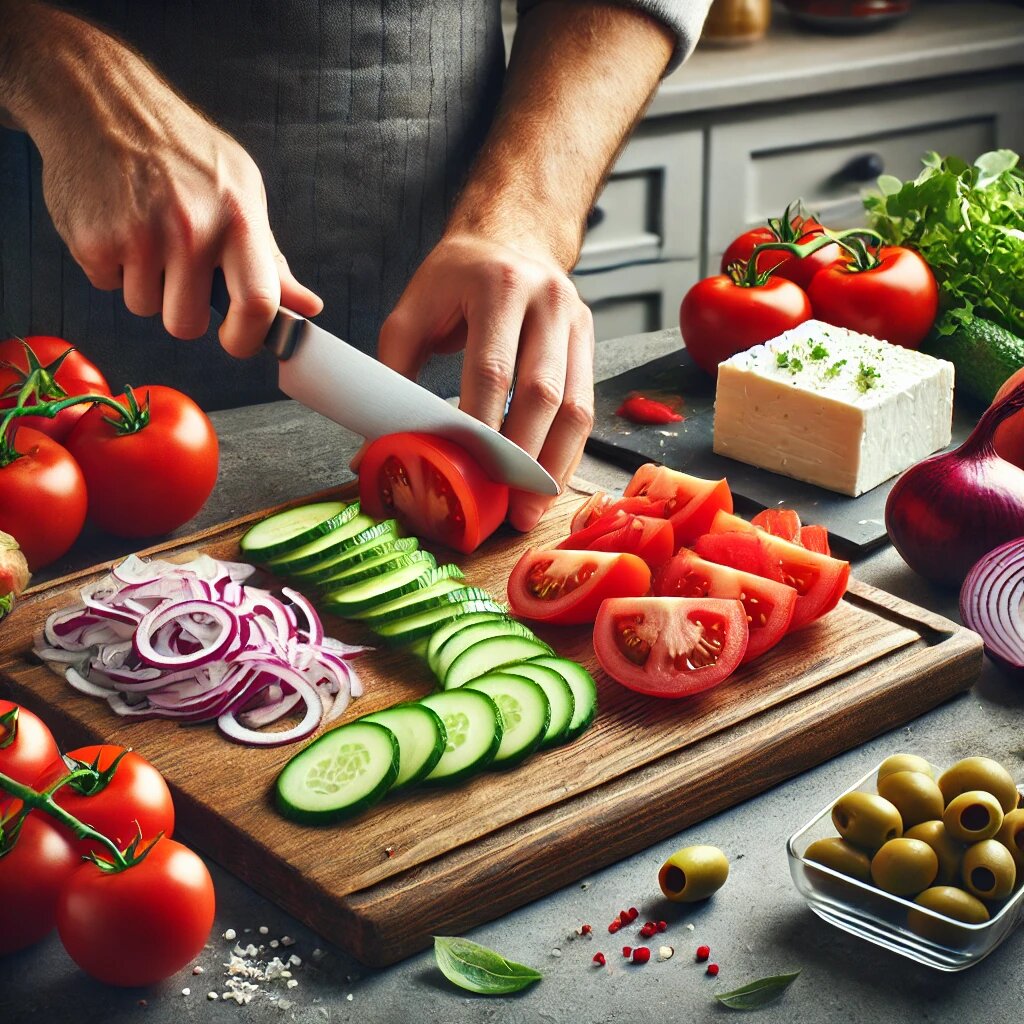 Подготовки овощей для греческого салата.