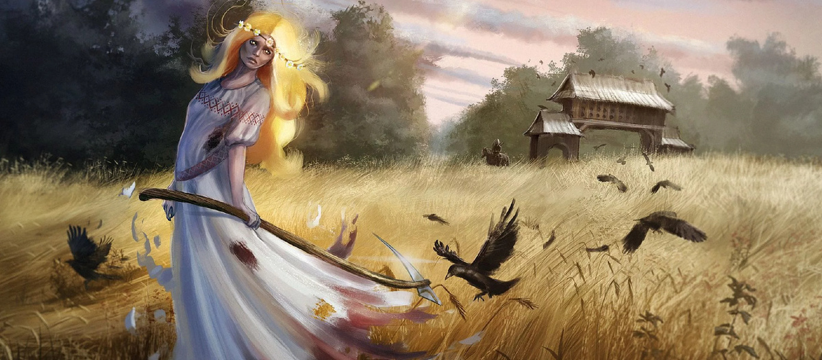 Полуденница – это древний дух, обитает на полях, и является олицетворением рубежа времени – полдня (мистическая грань), плюс являет собой персонификацию солнечного удара. Работать в полдень на поле раньше возбранялось, иначе разгневаешь Полуденницу, и погибнешь.