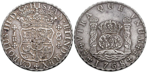   Испанский доллар 1768 г. Фото: Numismática Pliego, по лицензии CC BY-SA 3.0