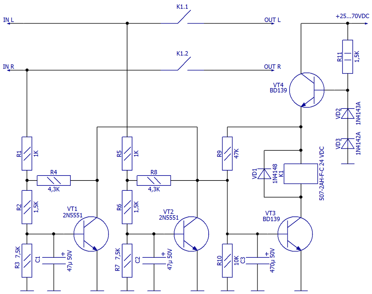 Схема электрическая принципиальная защиты и задержки подключения АС на транзисторах