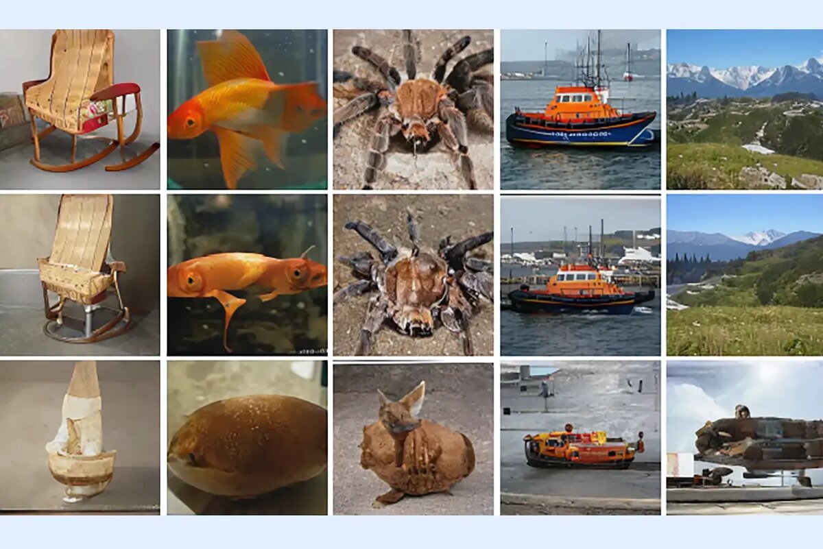 Верхний ряд: оригинальные изображения. Второй ряд: изображения, реконструированные ИИ на основе считывания информации из мозга макаки. Нижний ряд: изображения, полученные предыдущей версией системыисточник: newscientist