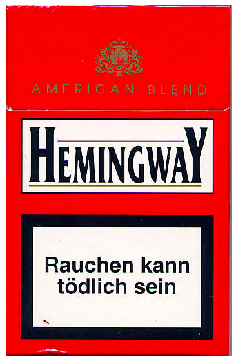 "Hemingway". Германия, 2007 год. 17 штук с фильтром в боксе, обернутом целлофаном. Смола 10 мг, никотин 0,8 мг. Цена (была) 3,10 €. Производитель: "Austria Tabak". Владелец торговой марки: "Austria Tabak".