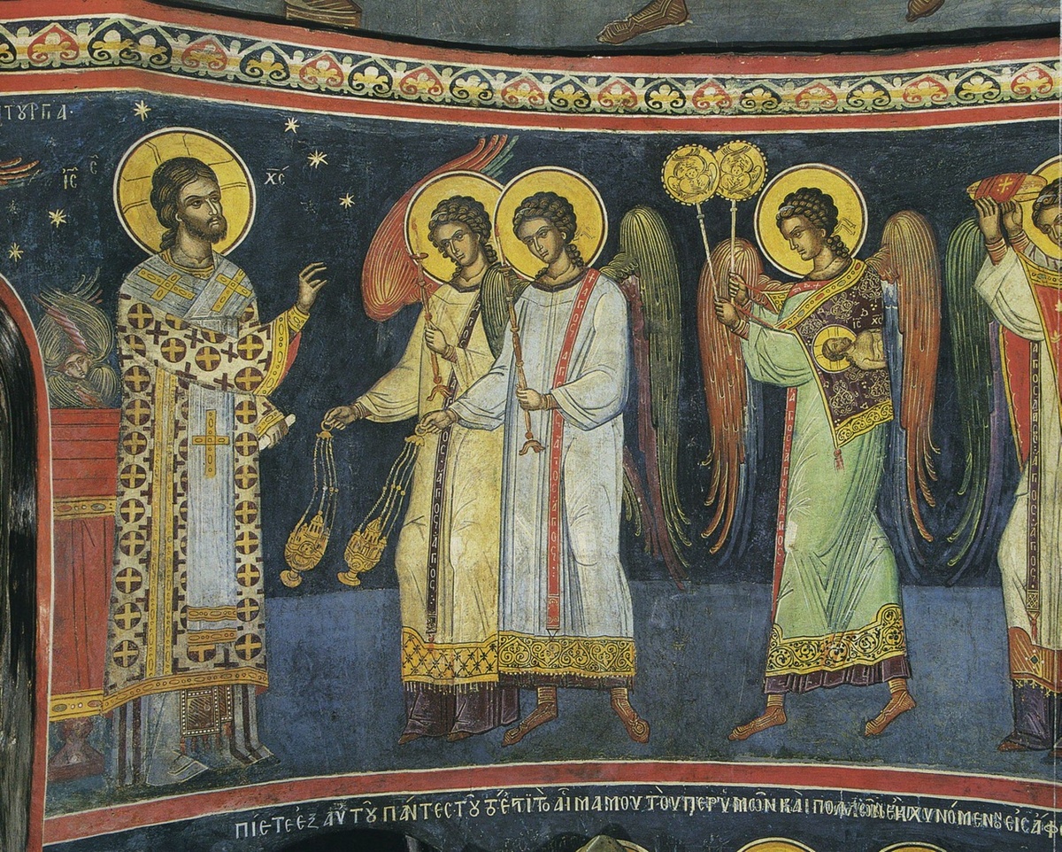 Небесная литургия. Великий вход. Роспись собора монастыря Дионисиат на Афоне, середина XVI в.