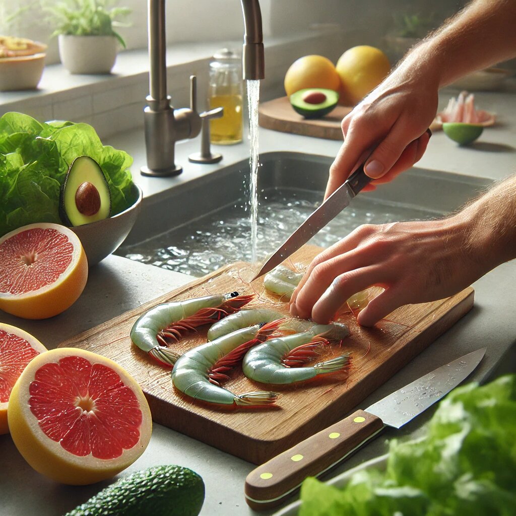 Подготовка креветок для салата.